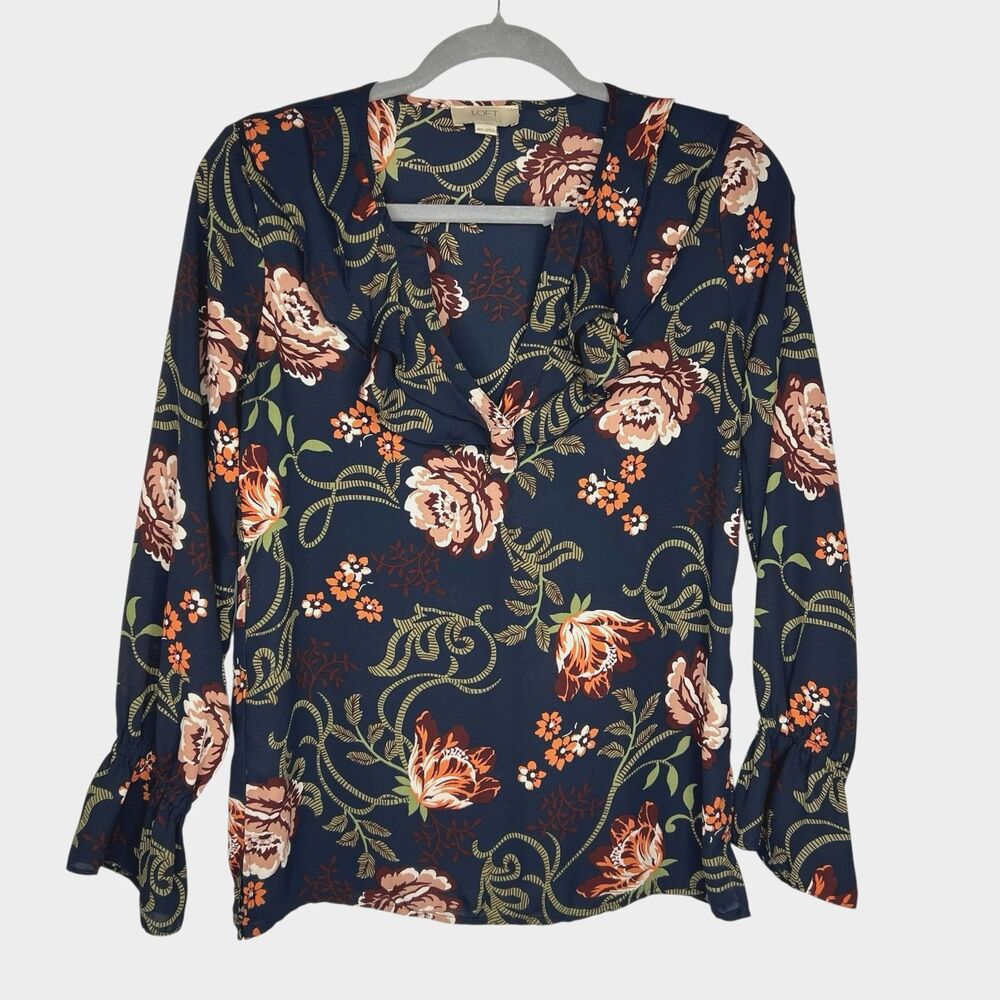 Loft Outlet Petite Ruffle Open V-neck Semi Sheer Blouse Top XXSP Navy Floral